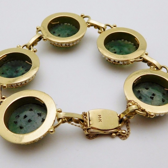Rare CHINESE Solid 14k Yellow Gold / Carved Jade / Pearls Ladies Bracelet - Picture 5 of 6